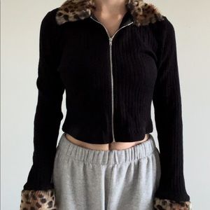 COPY - Motel Rocks Leopard Fur Trimmed Ribbed Zip Up Cardigan Sweater